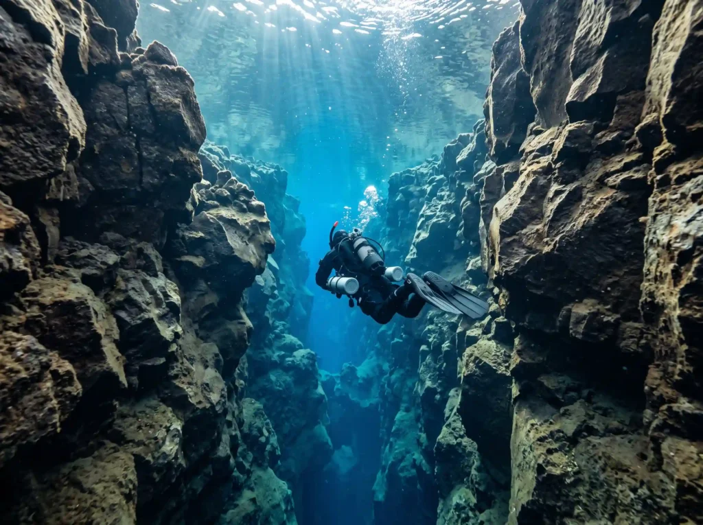 A drysuit diver glides through