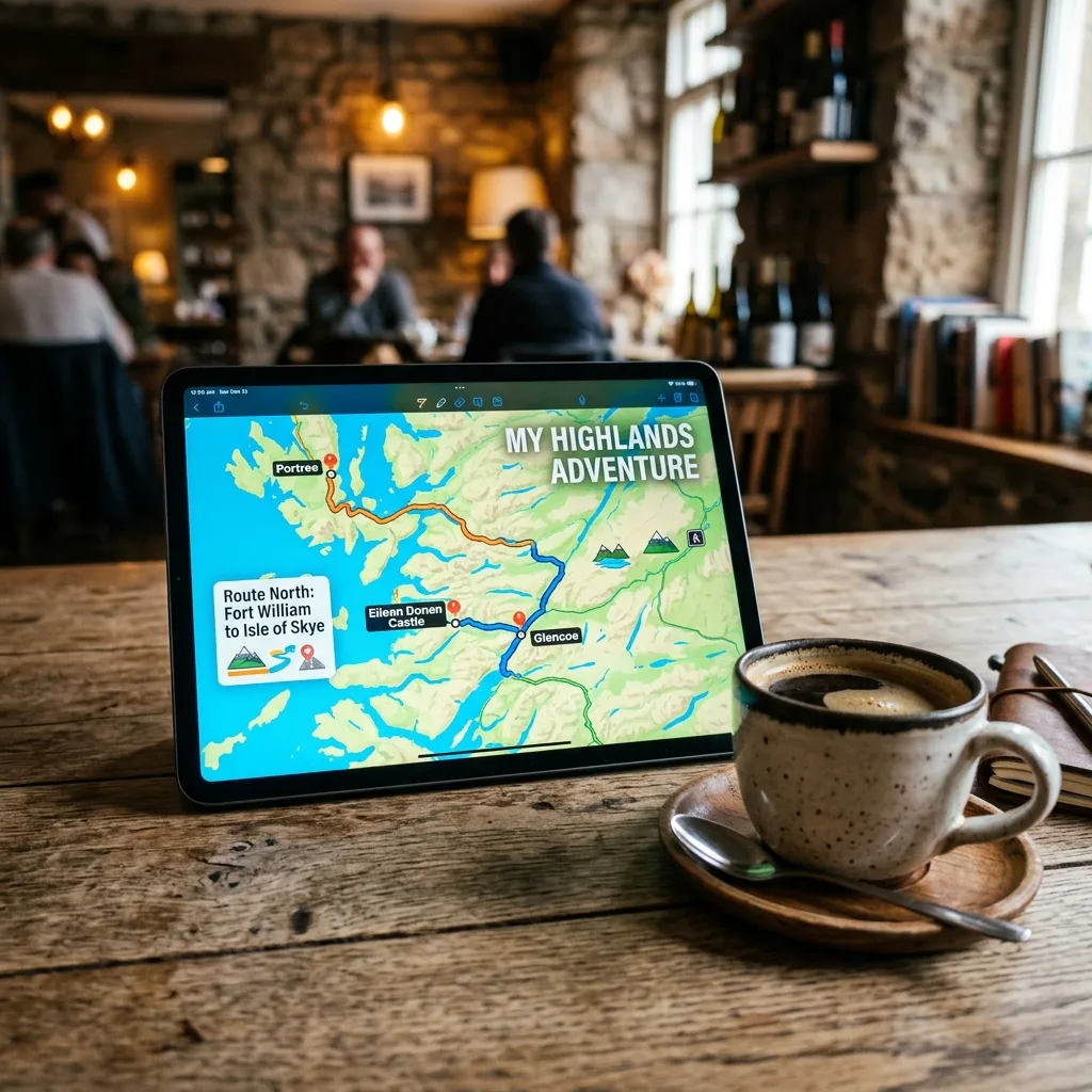 Digital tablet displaying an interactive map on a cafe table