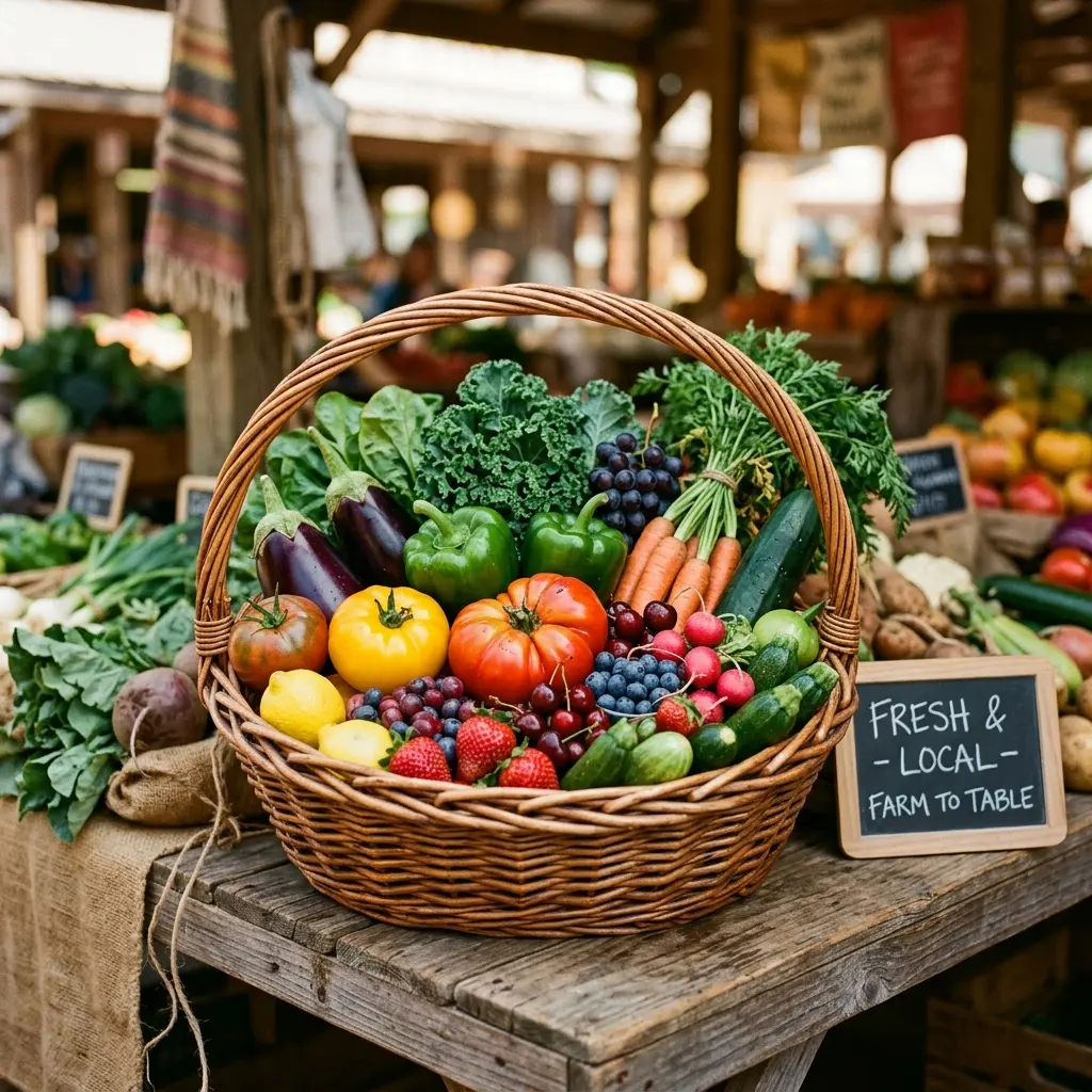 Basket of fresh fruit and vegetables in a local market