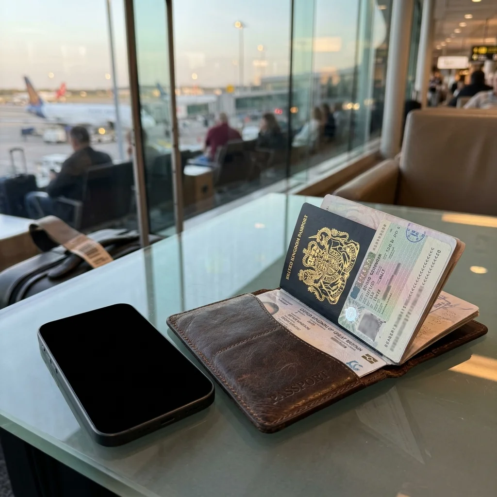 A leather passport holder showing a physical passport and travel visa document next to a modern smartphone.