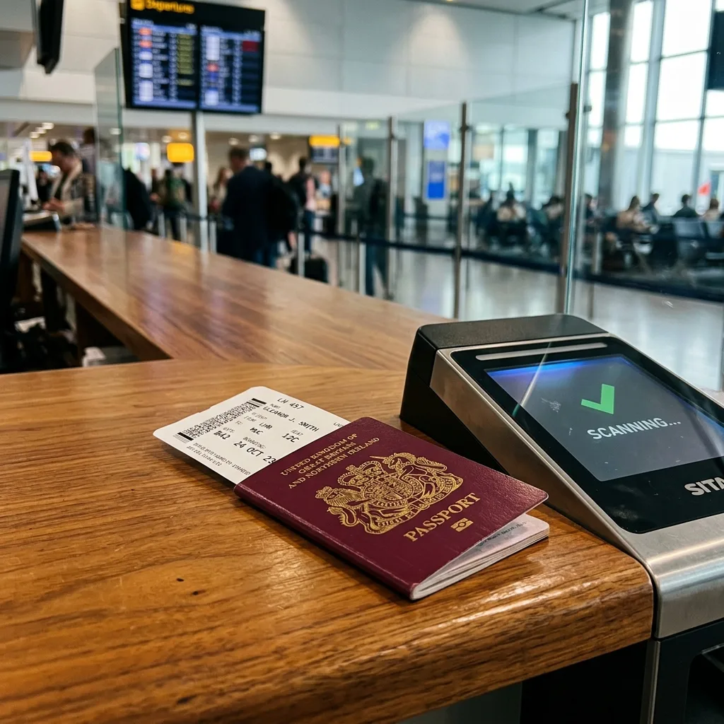 A printed flight boarding pass sticking out of a passport, lying on a polished wooden airport counter next to an electronic boarding pass scanner