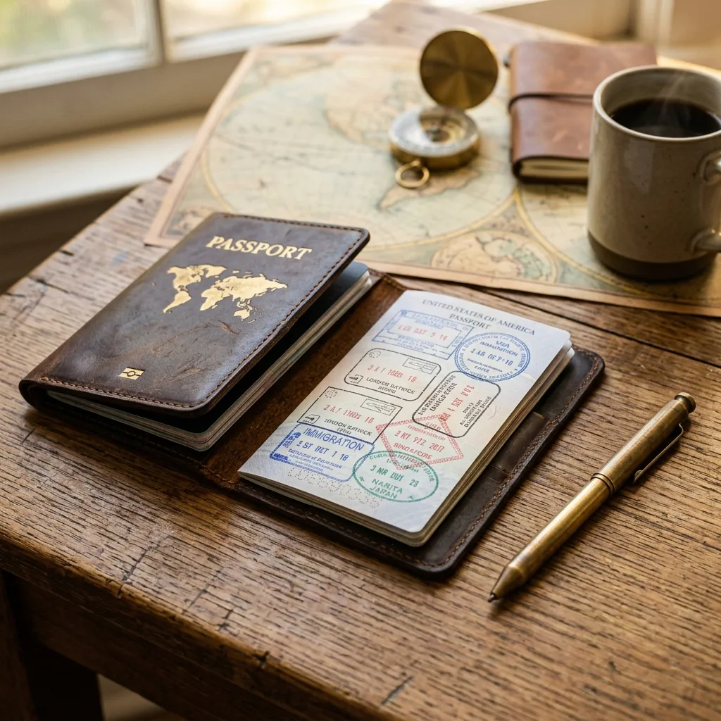 Biometric passport in a leather holder on a desk next to a brass pen