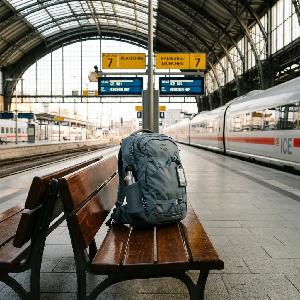 A modern lightweight travel backpack in slate gray sitting neatly on a polished wooden bench at a clean train station platform.