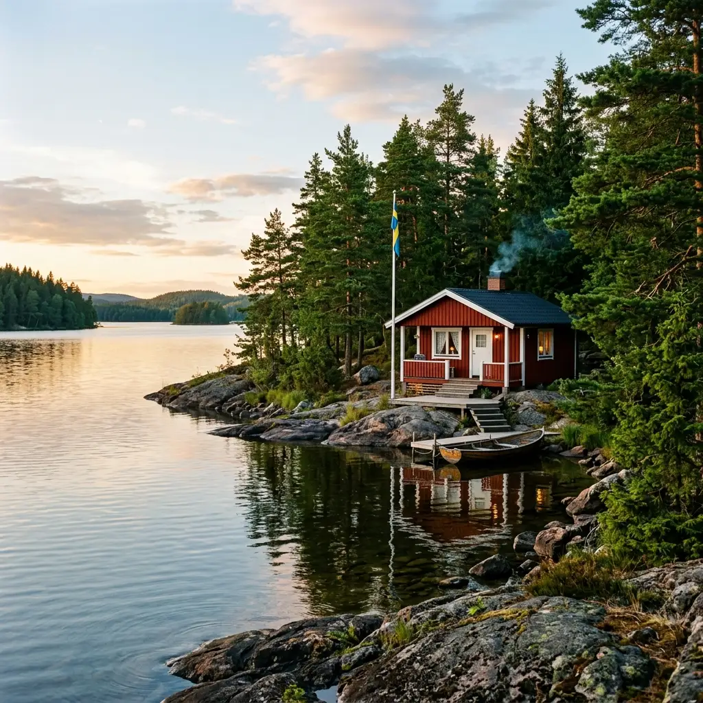 A classic red Swedish stuga cabin surrounded by trees on the shore of Lake Vättern