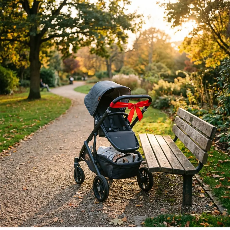 A modern stroller parked next to a wooden park bench with a bright red ribbon tied to the handle
