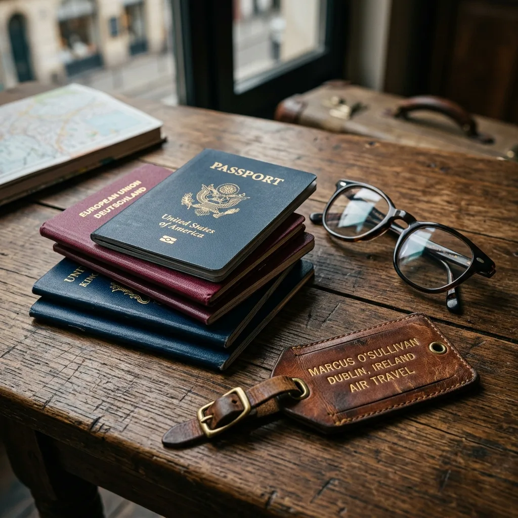Stack of national passports and leather luggage tag on a wooden table