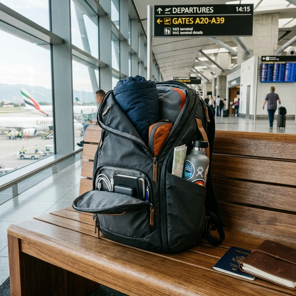 A compact travel backpack packed and sitting on a wooden bench inside a modern terminal