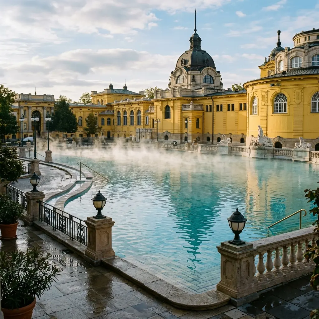 Outdoor thermal baths at Széchenyi with steam rising and yellow palace architecture