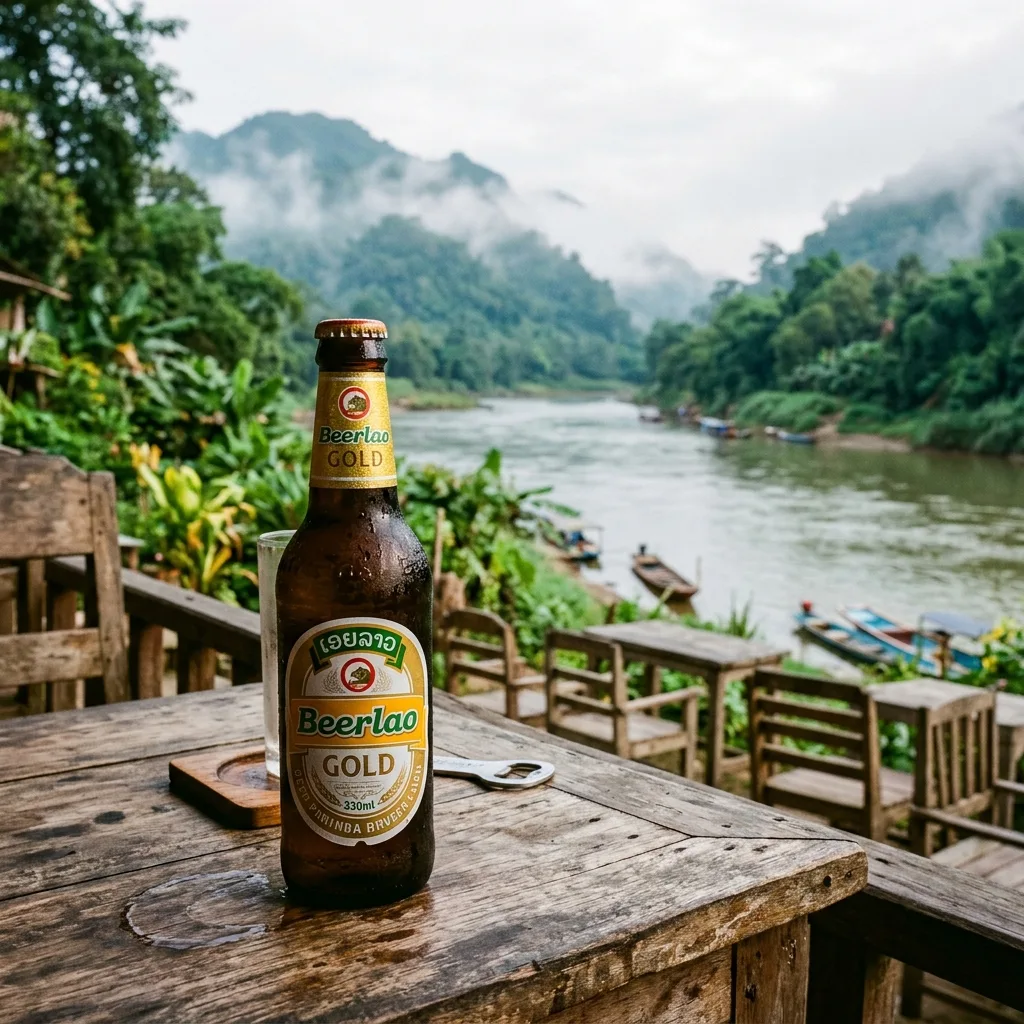 A cold bottle of Beer Lao on a wooden table at a riverside cafe in Laos